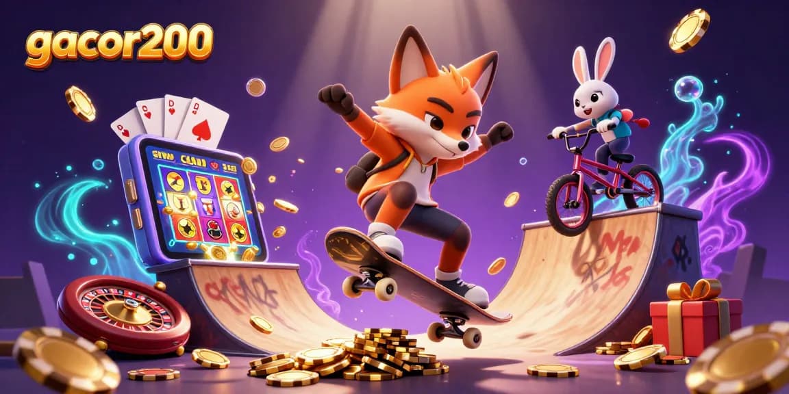 Gacor200 menampilkan aksi skateboarder fox dan kelinci BMX di dunia kasino digital.