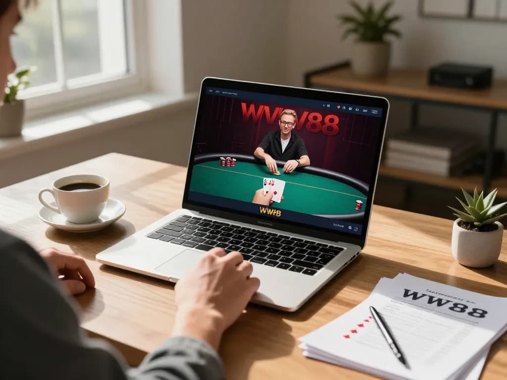 Engaging online poker gameplay at WW88 on a laptop, showcasing winning card hands in a stylish home setting.