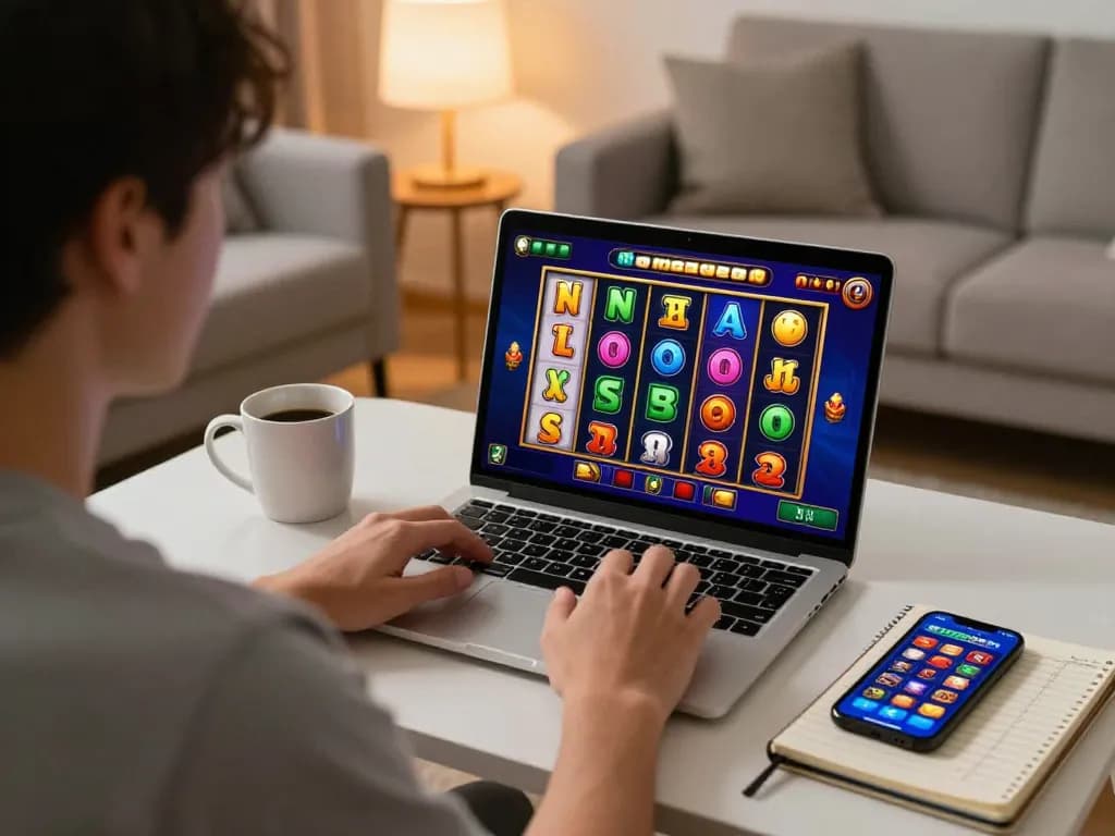 Engaging slot online gameplay on a laptop in a cozy living room, showcasing vibrant reels and strategic preparation.