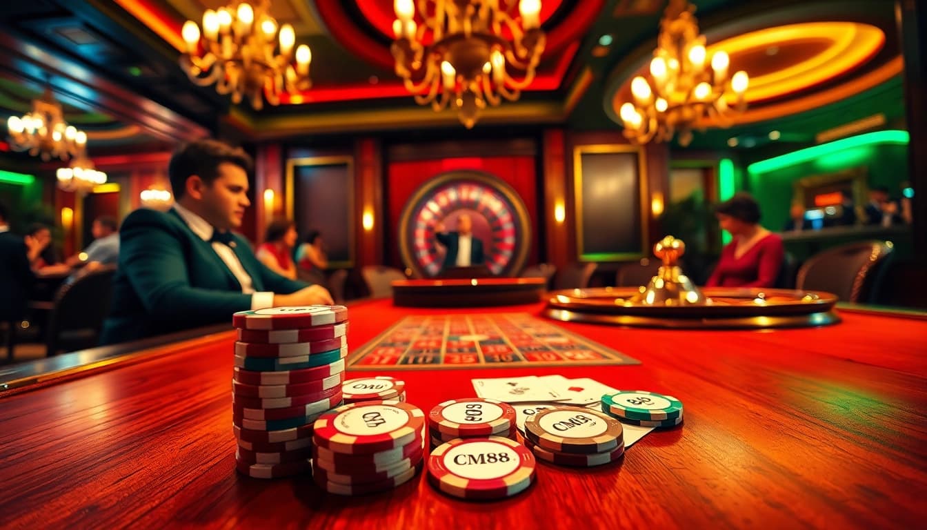 Experience the excitement of a poker game with CM88 chips stacked on an upscale table.