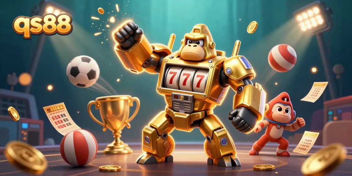 Experience thrilling gameplay at qs88 with a dynamic golden gorilla mech and vibrant sports elements.