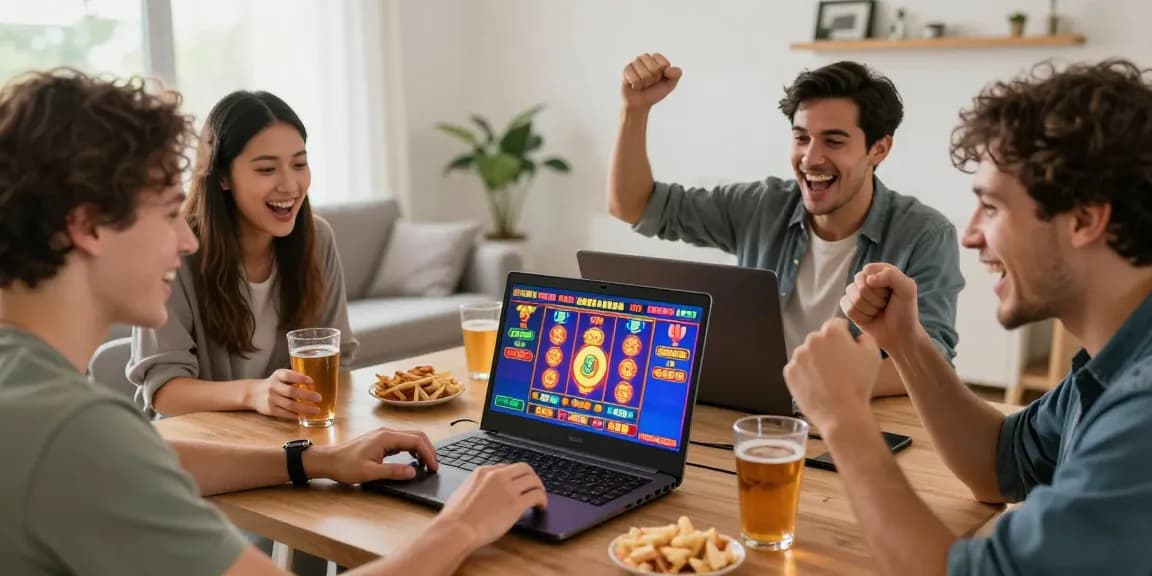 Group enjoying online slot gaming experience with vibrant visual displays.