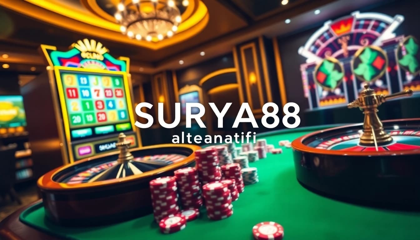 Rasakan sensasi SURYA88 Alternatif dengan antarmuka kasino mewah yang menampilkan mesin slot yang mendebarkan.