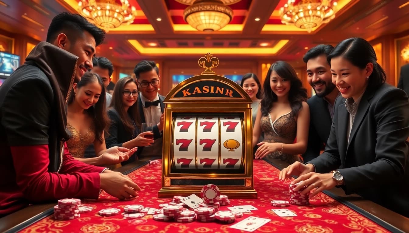 Players enjoying the thrilling experience of the kaisar888 slot machine in a luxurious casino