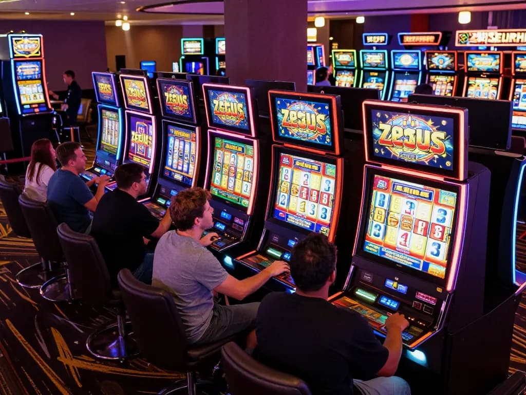 Players enjoying the excitement of slot zeus machines in a colorful casino atmosphere.
