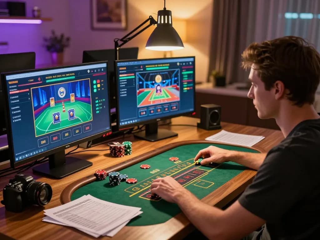 MPOID gaming setup showcasing a player immersed in high-stakes blackjack on multiple screens, emphasizing strategic gameplay.