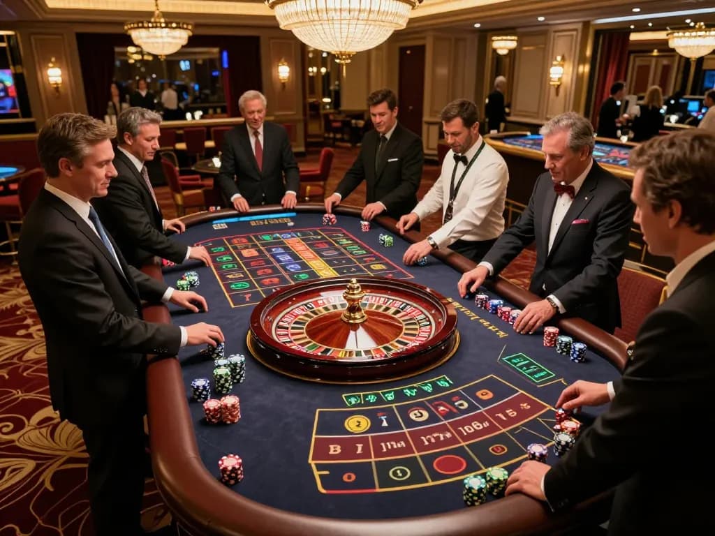 Guests enjoy an exciting roulette game at mb66an casino with vibrant atmosphere, colorful chips, and high stakes.