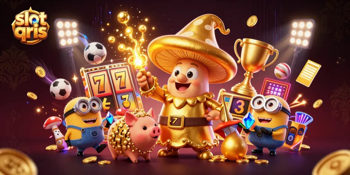 Play and win at slot qris with thrilling jackpots in a vibrant casino scene featuring magical characters.