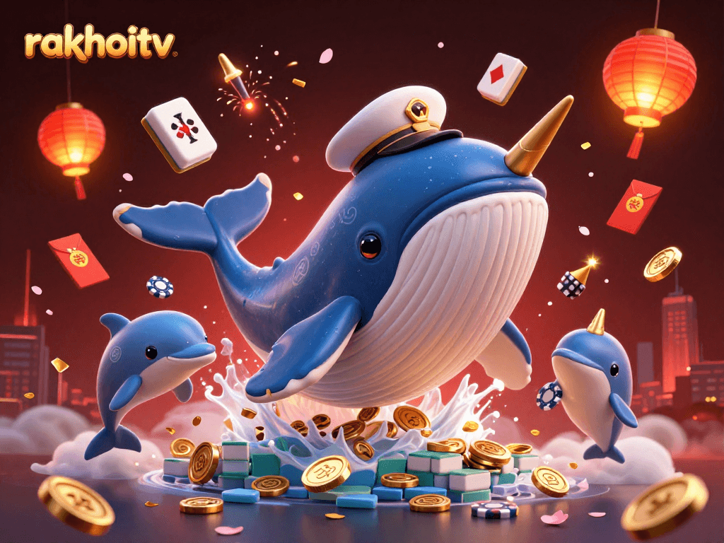 rakhoitv showcases a whimsical scene with a cartoon whale, dolphins, and poker chips amidst coins.