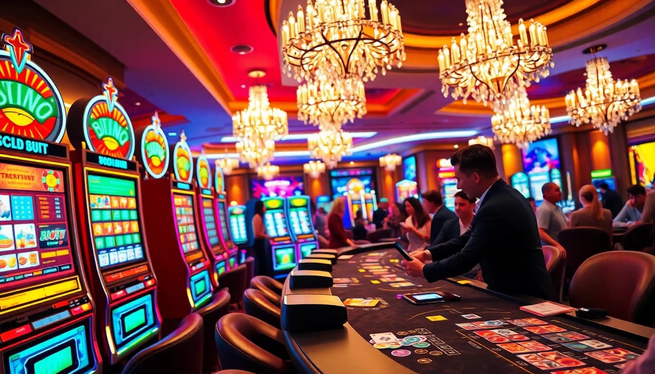 Mainkan situs gacor di kasino dengan mesin slot yang bercahaya dan suasana yang meriah.
