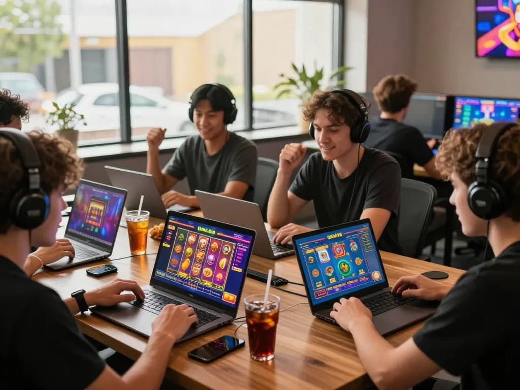 Players enjoying the vibrant IDOLA88 gaming platform in a modern lounge.