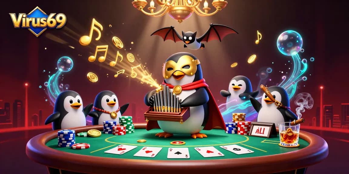 Experience thrilling gameplay at Virus69 with a vibrant scene of a penguin organist and golden coins raining down.