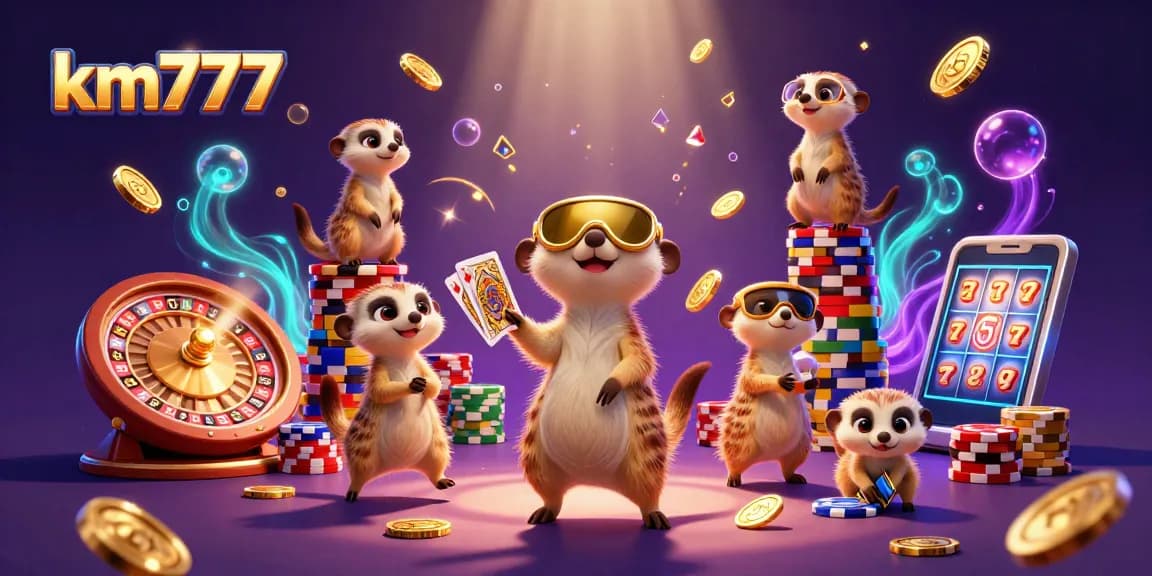 Join the fun at km777 where meerkats deal cards and coins fly in a vibrant casino scene.