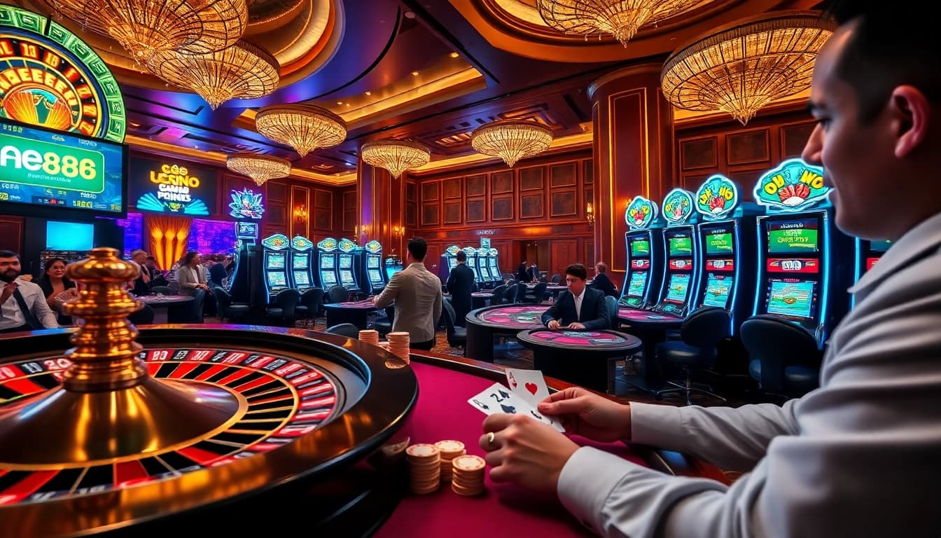 Experience the thrill of gambling at AE888 with vibrant casino games, roulette wheels, and engaged players.