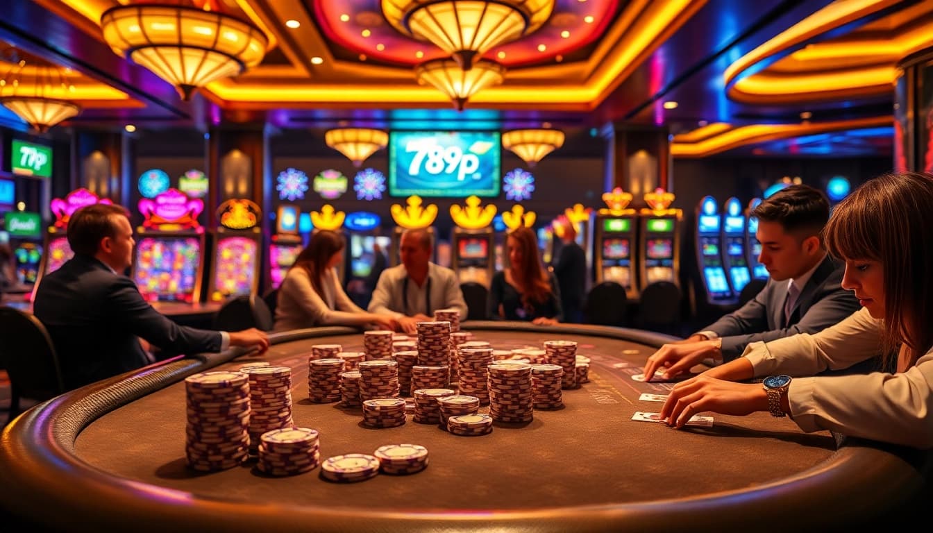 Experience the thrilling action of 789p with players engaging at a luxurious poker table.