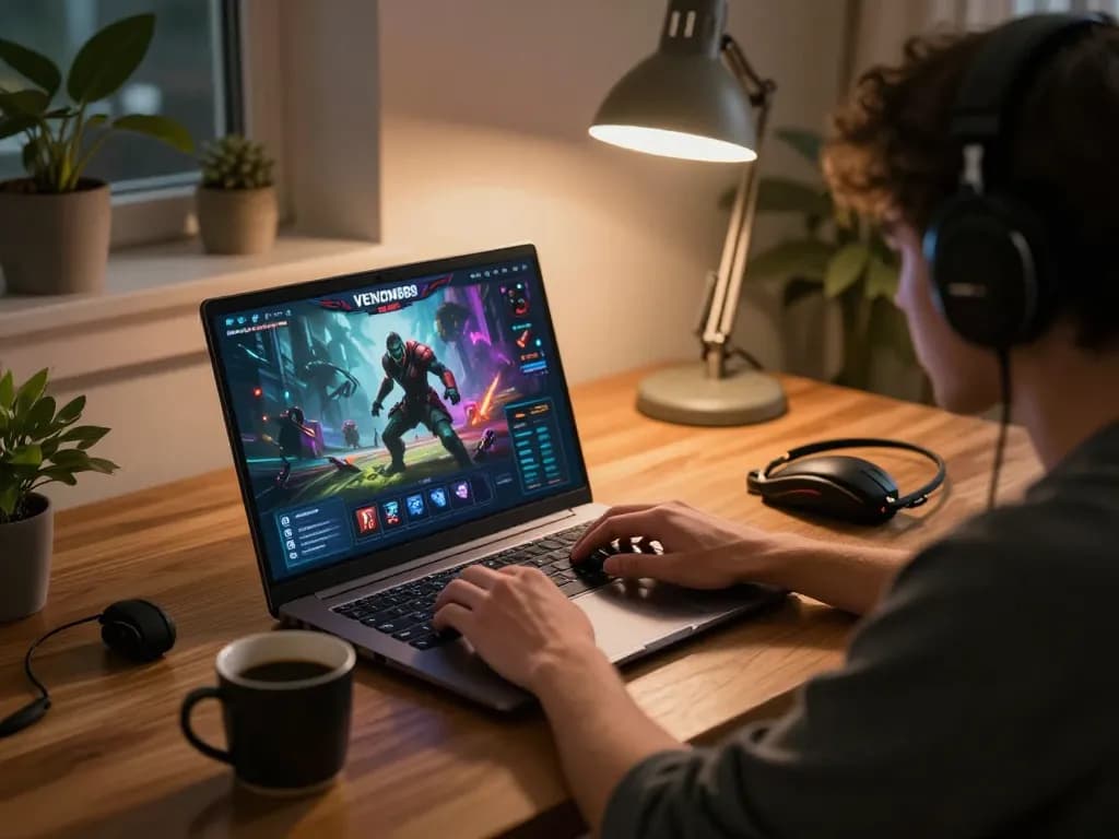 Engage with the VENOM889 idle-RPG gameplay in a cozy home gaming setup