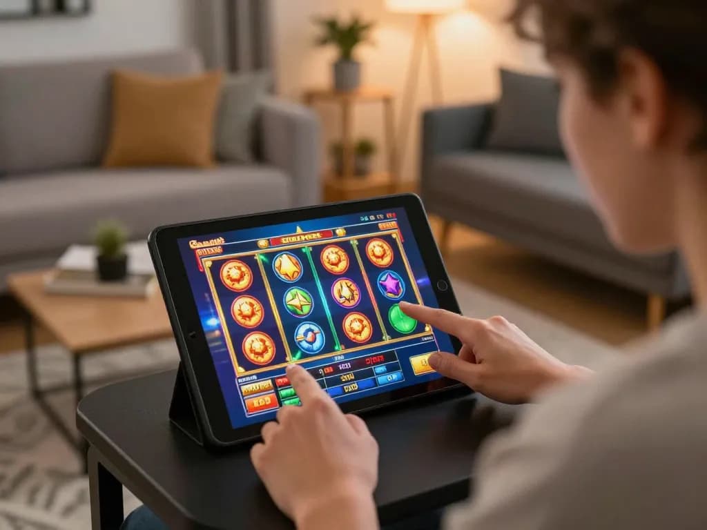 Pemain berinteraksi dengan permainan slot interaktif di tablet, menampilkan suasana kasino online yang cerah.