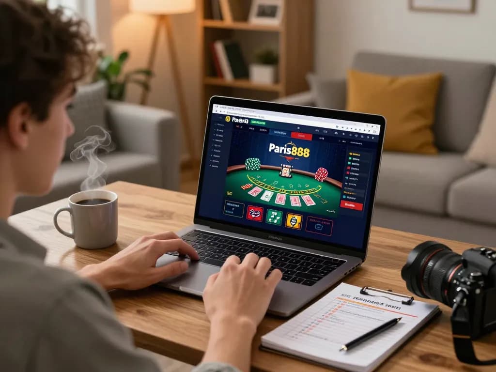 Gambar ini menunjukkan seorang pemain yang terlibat dengan kasino online paris888, menampilkan layar laptop yang memperlihatkan permainan blackjack dealer langsung yang mendebarkan.