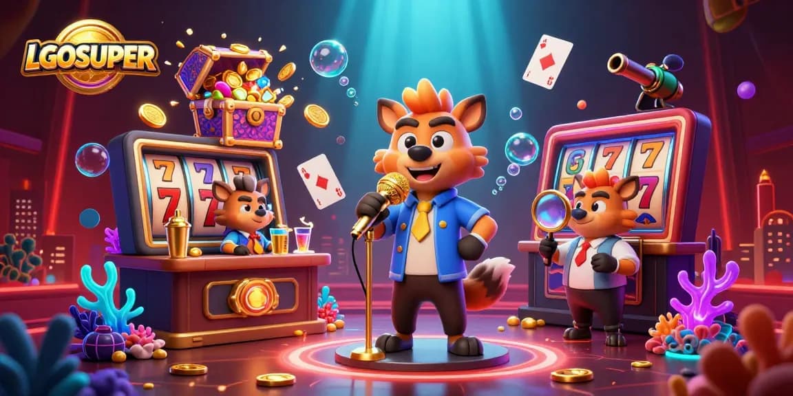 Engage with LGOSUPER at a vibrant comedy casino featuring hyenas, slot reels, and sparkling treasures.
