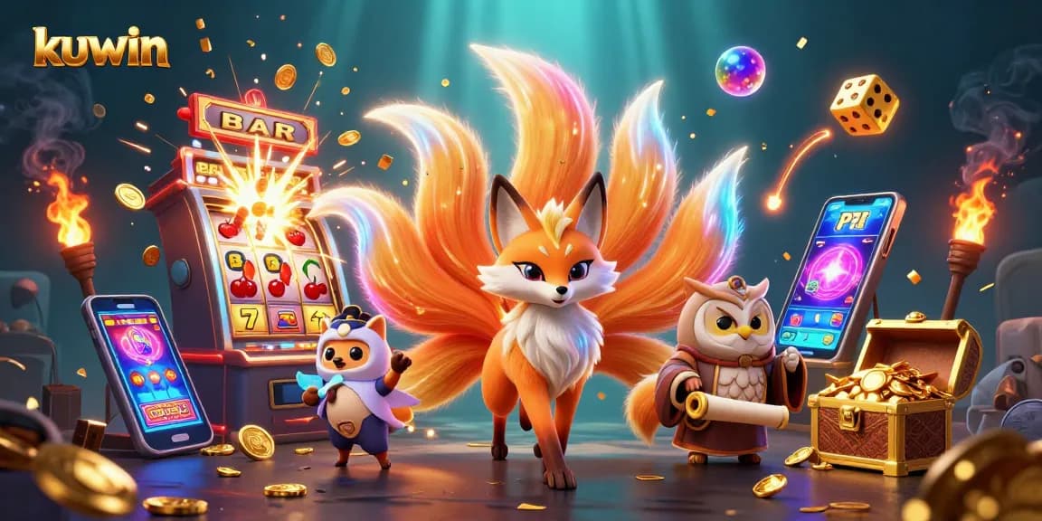 Kuwin engages players with a dazzling mix of characters and casino-themed visuals, featuring a glowing fox and owl amidst slot machines.