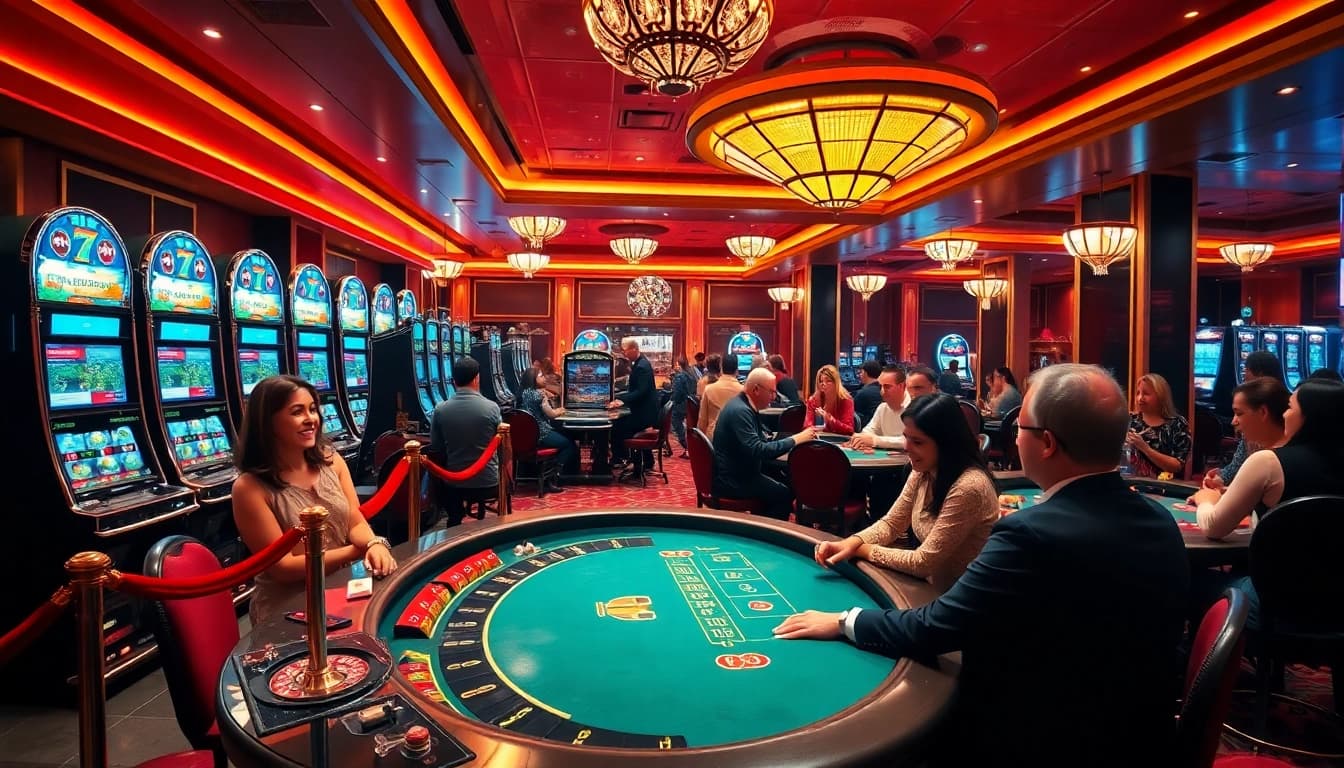 78Win offers an exciting casino environment with players engaged at poker tables and vibrant slot machines.