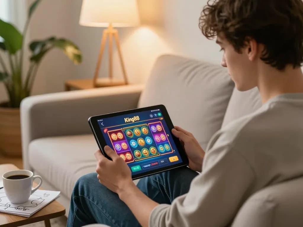 Engaged user playing King88 slot games on a tablet in a cozy living room setting