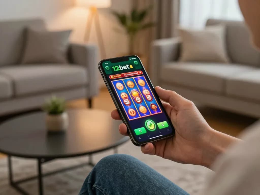 Người chơi thưởng thức các trò chơi slot 12bet trên điện thoại thông minh, thể hiện trải nghiệm chơi game sôi động tại nhà.