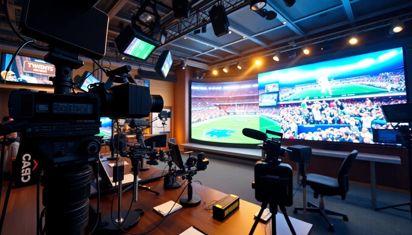 Engaging scene of sports broadcasting featuring vibrant studio setup with live highlights.