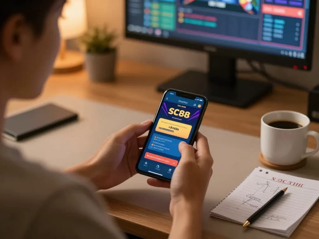 Player engages in mobile casino gaming using SC88 app on a smartphone at home, showing strategic approach and excitement.