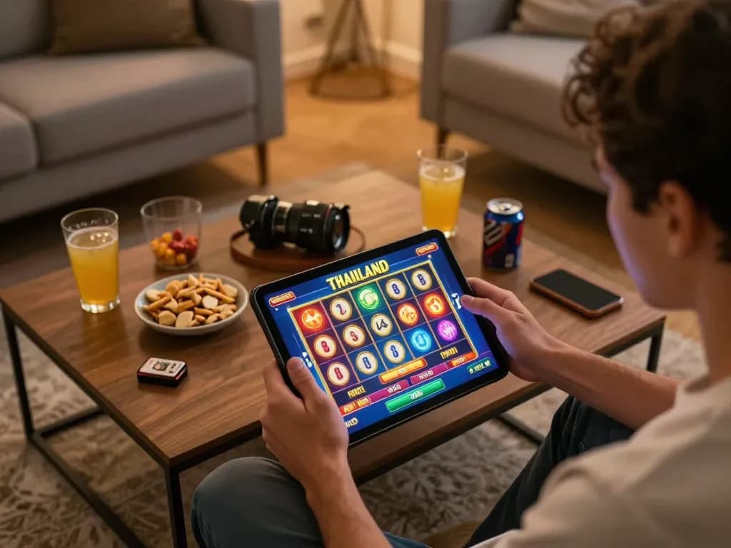 Playing slot thailand online with exciting graphics on tablet amidst a cozy living room setting.