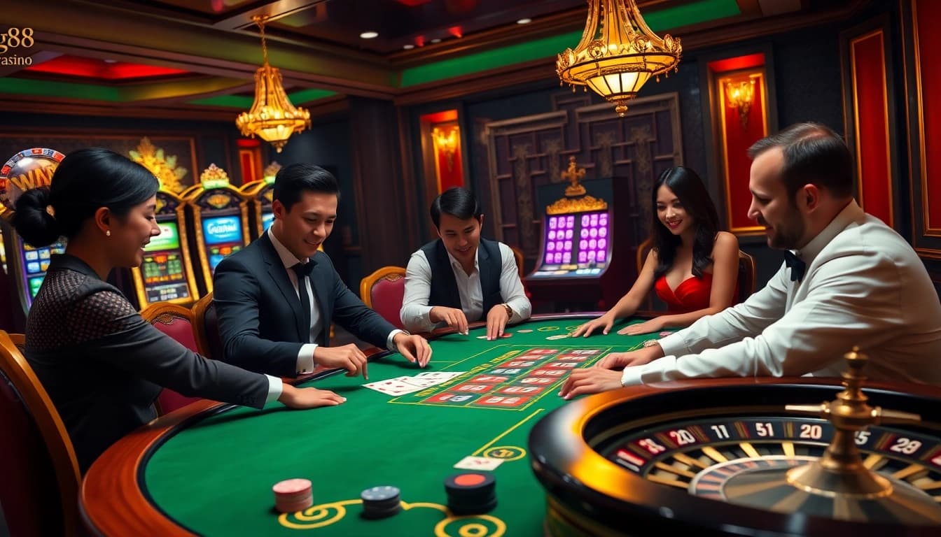 Experience the excitement of tg88 win with players engaged in lively casino games and vibrant slot machines.