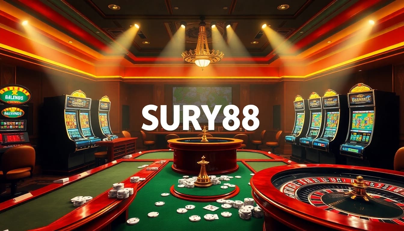SURYA88 alternatif showcases an exciting online casino experience with vibrant slot machines and casino tables.