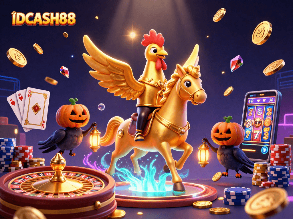 Win big at IDCASH88 with a dynamic scene featuring gold coins and the headless horseman.