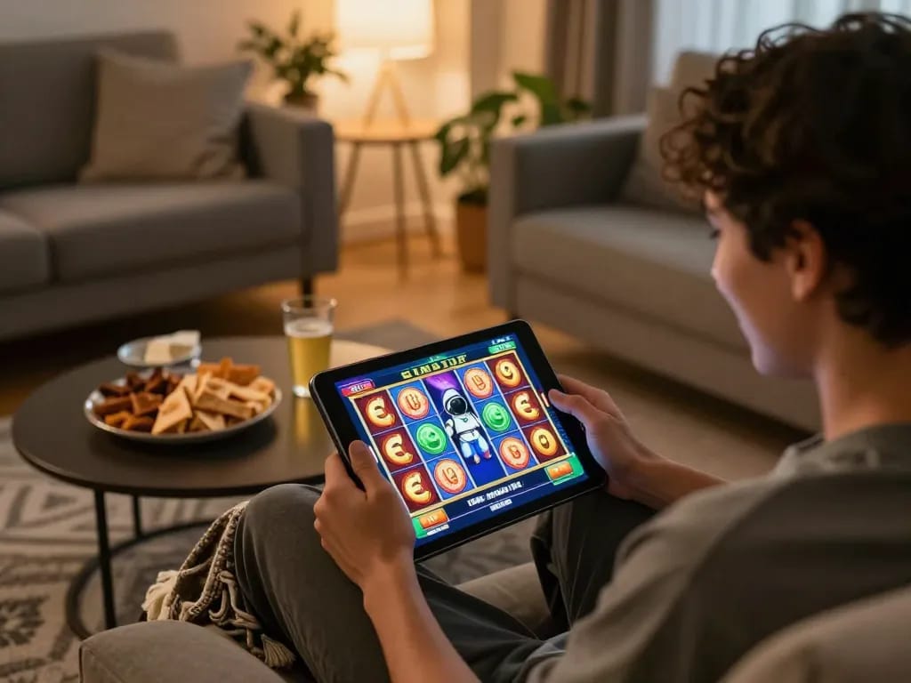 Memainkan slot spaceman di tablet dalam lingkungan rumah yang nyaman, menggambarkan keseruan perjudian online