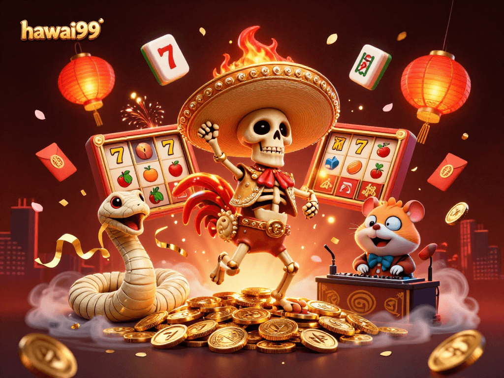 Experience hawai99's vibrant scene with a fiesta of characters showcasing thrilling slot game victories.