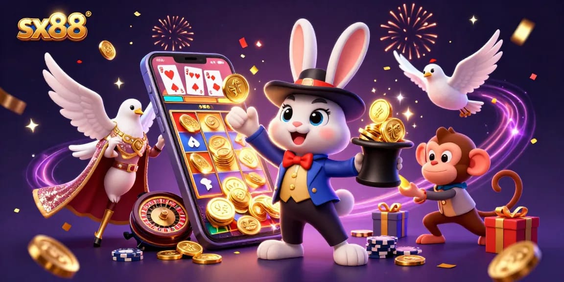 sx88 delivers thrilling slot wins with a magical rabbit and monkey amidst dazzling casino elements.