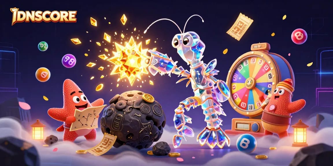 Engage in thrilling gameplay at IDNSCORE with vibrant lottery and gaming elements surrounding galactic characters.