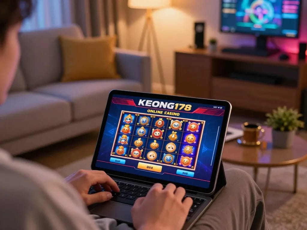 Player enjoying KEONG178 online slots on tablet in a cozy living room setting