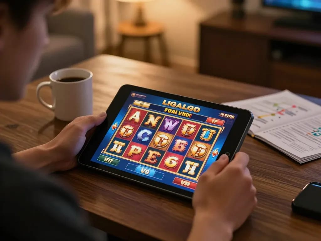 LIGALGO player enjoying a thrilling online slot game experience with strategy notes.