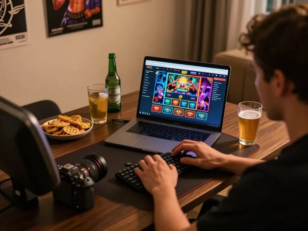 Engaging with a laptop to play togel hari ini, surrounded by refreshments in a cozy gaming setup.