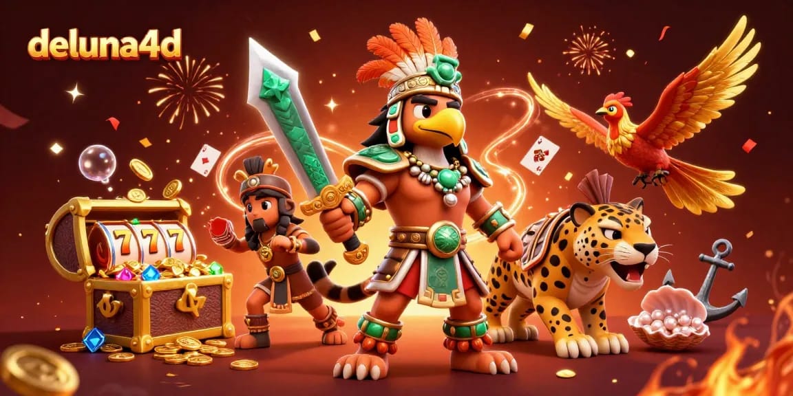 Spin to win at deluna4d, featuring Aztec warriors surrounded by gold coins and slot reels.