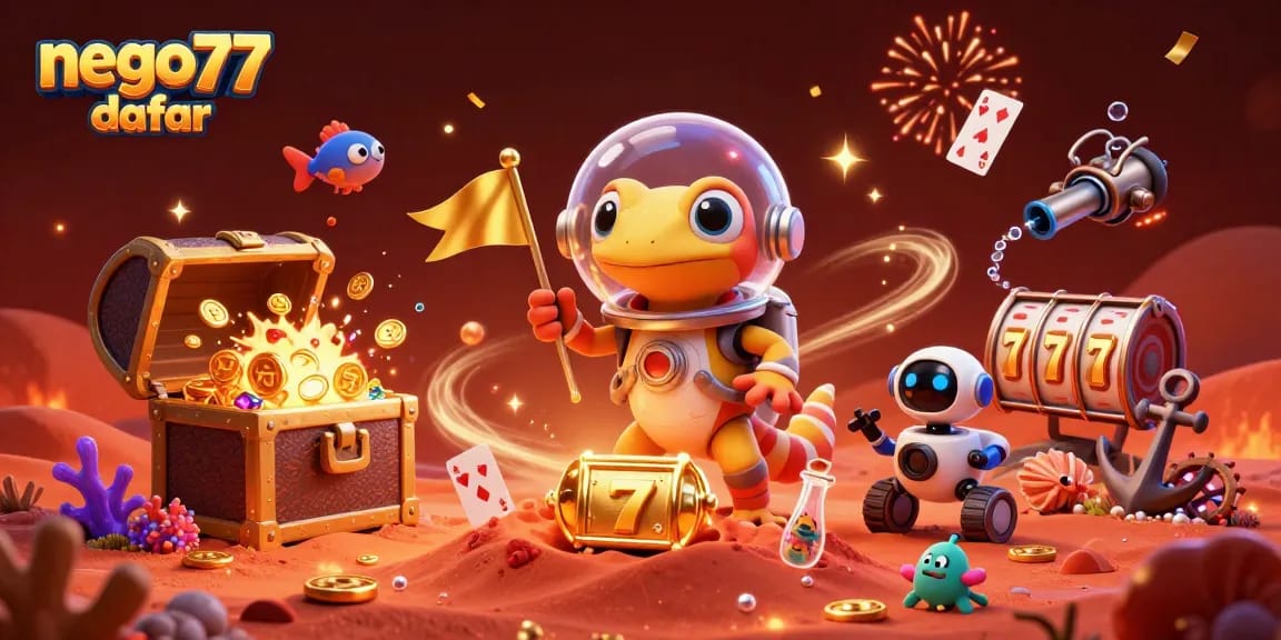 Play exciting slot games with nego77 daftar, featuring vibrant casino elements and characters.