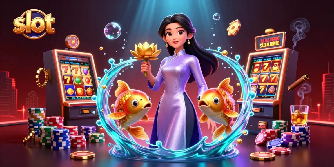 Spin slot machines in a vibrant casino scene featuring an Asian woman with koi fish and poker elements.