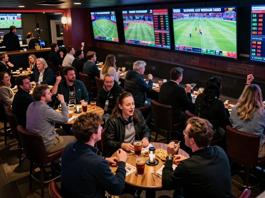 Fabet sports betting excitement with vibrant crowd and live game screens.