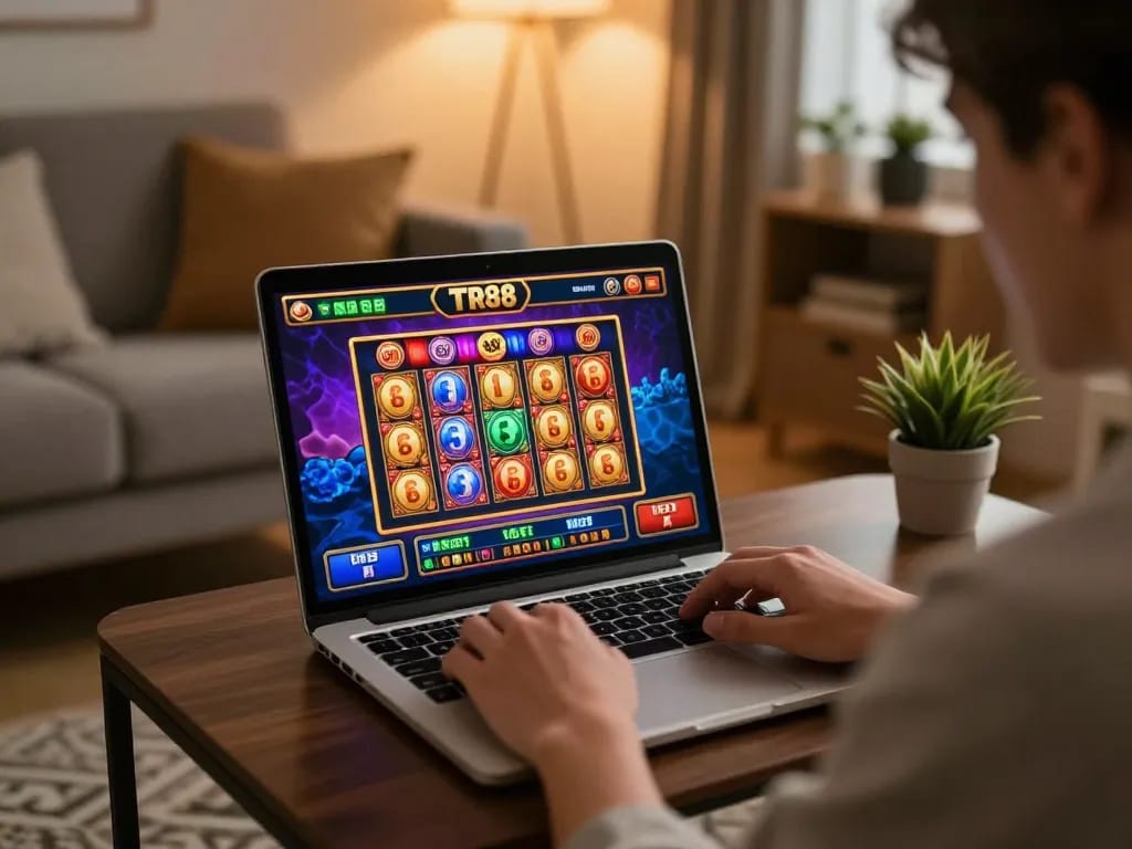 Engaging in TR88 online gaming on a laptop, showcasing vibrant slot graphics in a cozy home.