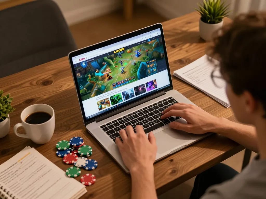 Pengguna LGO99 terlibat dengan permainan kasino online, menampilkan catatan strategi dan gameplay yang cerah.