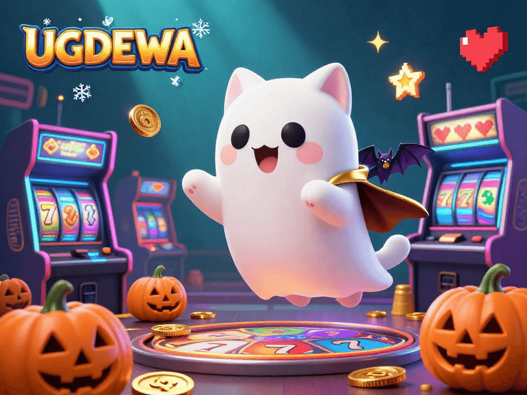 Join the vibrant gaming experience at UGDEWA with a charming ghost cat and glowing slot machines!