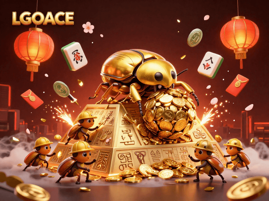 LGOACE showcases vibrant 3D golden beetles amidst casino elements, symbolizing winning strategies.