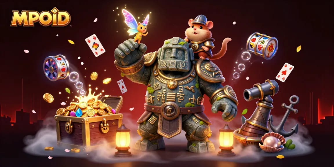 Experience thrilling game sessions with MPOID's dynamic casino adventure scene featuring vibrant characters and elements.