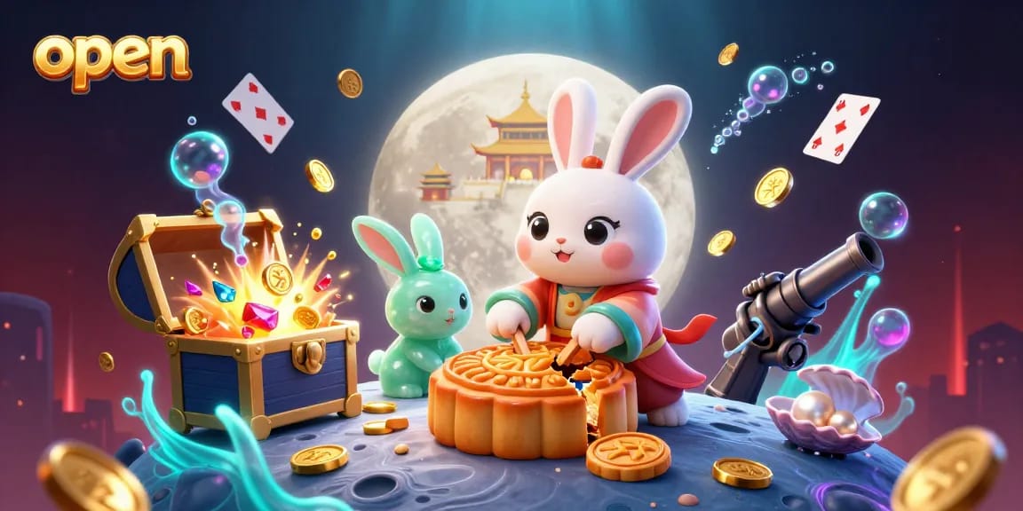 Open a thrilling gambling adventure with a cartoon moon rabbit cracking golden mooncakes for poker chips.